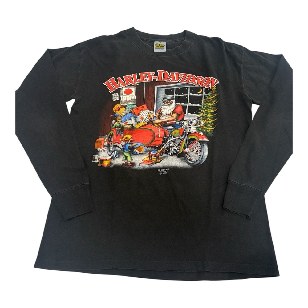 Vtg 1990 Harley Davidson Motorcycle Santa Long Sleeve Shirt 1990 Sz M 3D Emblem